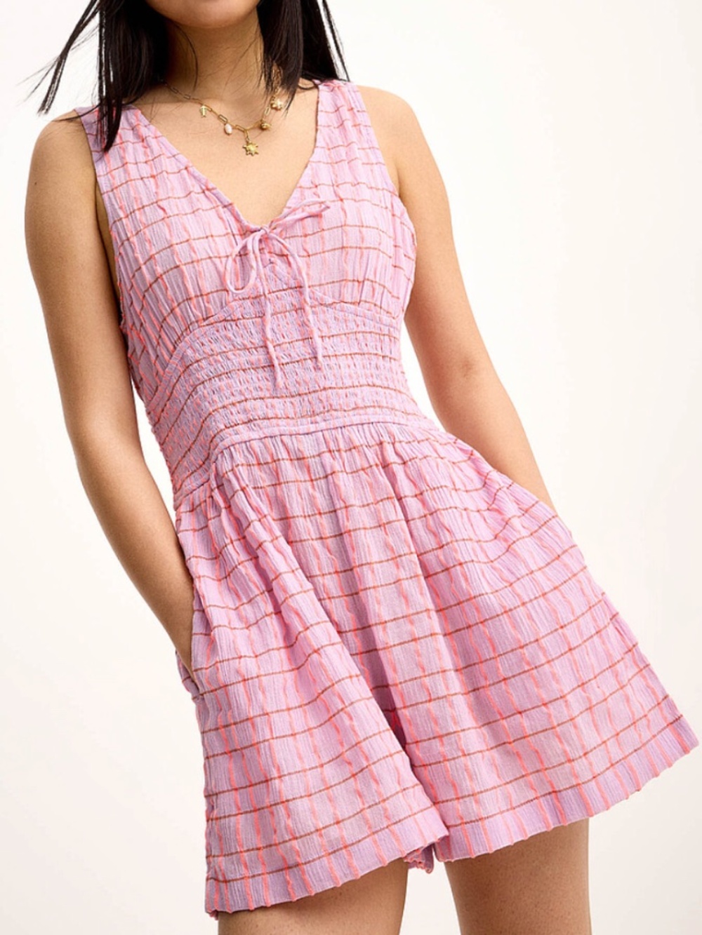 Rip Curl boho pink check smocked romper NWT